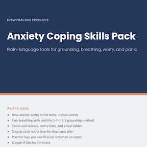 May include: A digital document titled Anxiety Coping Skills Pack by Julie Morris, LCSW. The dark blue and white page lists tools for grounding, breathing, worry, and panic, including breathing skills, a 5-4-3-2-1 method, and a panic plan.