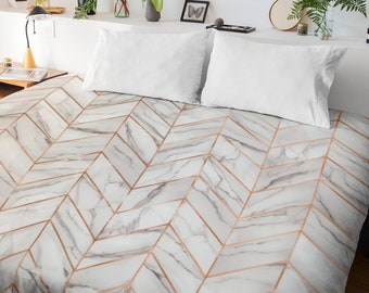 Marble Chevron Rose Gold Duvet Cover, White Duvet Cover, Gift for Her, Gift for Home, Housewarming Gift, Modern Chic Duvet Cover