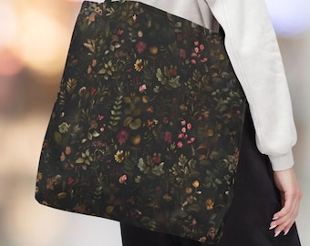 Dark Floral Tote Bag, Vintage Inspired Canvas Bag, Cottagecore Shoulder Bag, Dark Academia Aesthetic, Book Bag, Market Tote