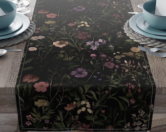 Dark Floral Botanical Table Runner |Vintage Apothecary |Moody Cottagecore Decor |Rustic Black Floral Dining Table Accent |Elegant Boho Style