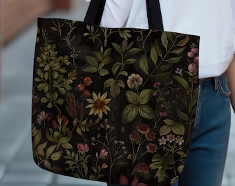 Dark Academia Cottagecore Black Tote Bag Vintage Apothecary Herbs & Plants Tote Bag Moody Botanical Eclectic Maximalist Bag
