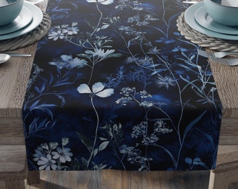 Dark Botanical Table Runner, Moody Blue White Floral Table Decor, Rustic Cottagecore Dining Room Accent, Elegant Boho Wedding Table Linen