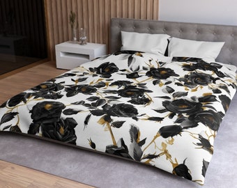 Modern Elegant Black Floral Duvet Cover Vintage Moody Botanical Eclectic Maximalist Decor Modern Farmhouse