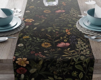 Dark Botanical Floral Table Runner |Vintage Apothecary |Moody Cottagecore Decor |Rustic Black Floral Dining Table Accent |Elegant Boho Style