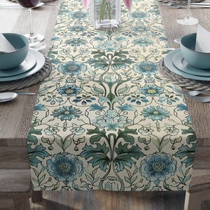 William Morris-Inspired Table Runner | Blue Green Antique Floral | Vintage Botanical Aesthetic | Elegant Victorian Dining Decor