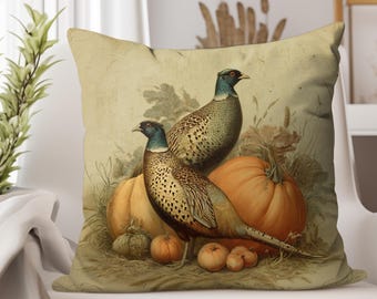 Federa per cuscino vintage con fagiano - Decorazione per cabina con animali selvatici, cuscino decorativo autunnale, stile rustico da fattoria, decorazione con zucca di fagiano per divano