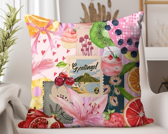Vibrant Collage Throw Pillow Cover - Pink Retro Aesthetic, Fruit, Floral & Vintage Accents, Fun Maximalist Pillow Case Decor