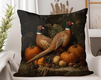 Federa per cuscino con fagiano e zucca vintage - Decorazione per baita con animali selvatici, cuscino decorativo autunnale, stile rustico da fattoria, decorazione con fagiano per divano