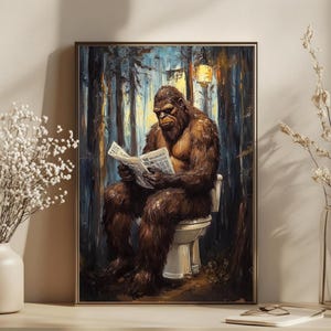 May include: A painting of a Bigfoot sitting on a toilet in a forest setting. He is reading a newspaper and wearing a brown fur coat. The toilet is white and has a wooden seat. The background is a dark green forest with trees and leaves.