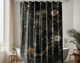 Rideau de douche botanique noir Moody | Herbes et plantes d'apothicaire vintage | Cottagecore Dark Academia | Décoration de salle de bain maximaliste éclectique