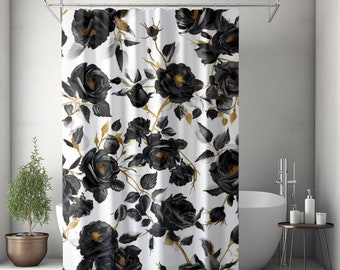 Stimmungsvoller schwarzer Blumenduschvorhang | Vintage Apotheker Botanische | Academia Cottagecore | Schwarze Rosen Gold Maximalist Badezimmer Dekor