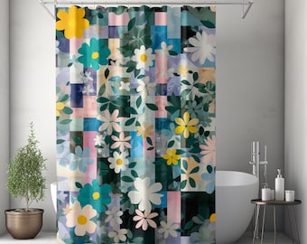 Boho Duschvorhang Skandinavischer Duschvorhang Karo Blumen Grün Blau Duschvorhang Moderner Botanischer Duschvorhang Cottagecore Bad