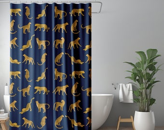 Retro Blauer Leopard Duschvorhang | Boho Vintage Badewannenvorhang | Exotische Jaguar-Dschungelkatze | Buntes maximalistisches, eklektisches Dekor der 60er und 70er Jahre