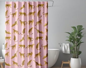 Retro Leopard Duschvorhang | Boho Vintage Badewannenvorhang | Erröten rosa exotische Jaguar Dschungelkatze | Buntes maximalistisches Dekor der 60er und 70er Jahre