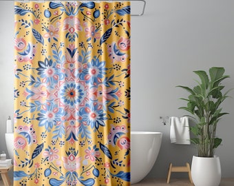 Boho Shower Curtain Spring Woman Cave Shower Curtain Floral Yellow Pink Vintage Botanical Shower Curtain Cottagecore Bath Dorm Apartment