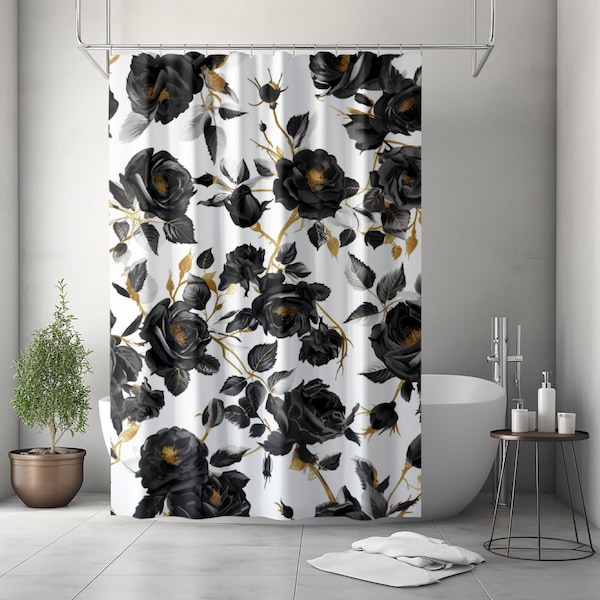 Moody Black Floral Shower Curtain | Vintage Apothecary Botanical | Dark Academia Cottagecore | Black Roses Gold Maximalist Bathroom Decor