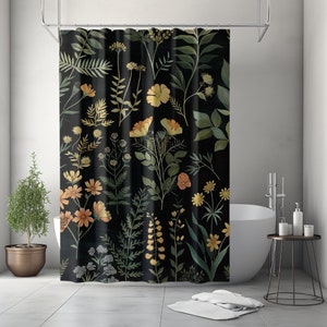 Moody Black Botanical Shower Curtain | Vintage Apothecary Herbs & Plants | Dark Academia Cottagecore | Eclectic Maximalist Bathroom Decor