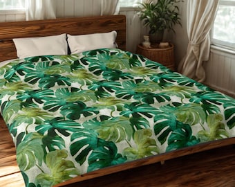 Monstera Leaf Duvet Cover, Tropical Botanical Bedding, Green Jungle Plant Comforter, Modern Nature Bedroom Decor, Boho Leaf Pattern