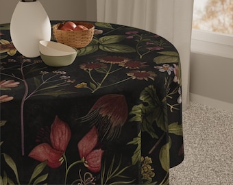 Dark Academia Cottagecore Black Tablecloth Vintage Apothecary Herbs & Plants Dark Moody Botanical Eclectic Maximalist Decor