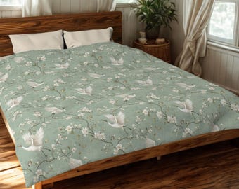 Chinoiserie Crane Duvet Cover, Sage Green Floral Bedding, Vintage Bird Blossom Comforter, Oriental Garden Bedroom Decor, Cottagecore