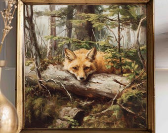 May include: A framed painting depicts a fox resting on a fallen log in a forest. The fox has reddish-orange fur and is lying down with its head resting on the log. The forest scene is painted with muted greens and browns, and the frame is gold.