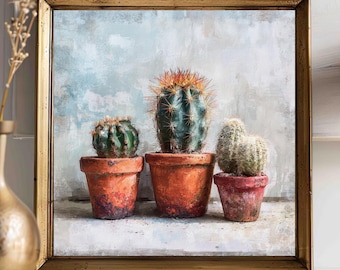 Cactus Art Print, Vintage Succulent Painting, Desert Plant Wall Decor, Rustic Southwest Botanical Illustration, Boho Farmhouse Decor