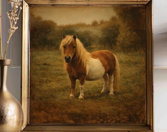 Miniature Horse Art Print, Vintage Pony Oil Painting, Rustic Farm Animal Wall Decor, Cottagecore Equestrian Artwork, Country Nursery Gift