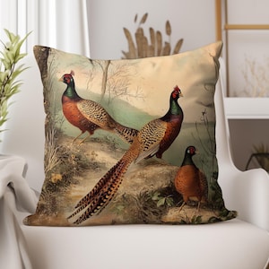 Vintage Pheasant Throw Pillow Cover - Wildlife Hunter Cabin Decor, Fall Accent Pillow, Rustic Farmhouse Style, Pheasant Art,Couch, Sofa, Bed