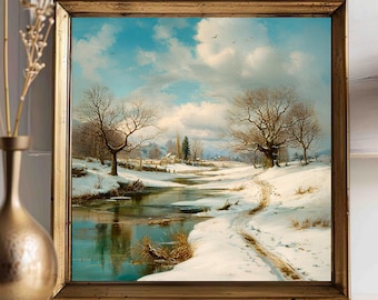 Impresión de pintura natural de nieve derretida a principios de primavera, arte mural rústico con río nevado, decoración de escena campestre antigua, póster vintage de paisaje invernal