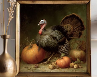Vintage Turkey and Pumpkins Print, Wildlife Hunter Cabin Decor, Fall Accent, Rustic Farmhouse Style, Thanksgiving Art, Matte Wall Art