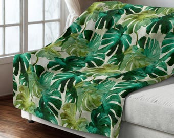 Monstera Sherpa Fleece Blanket, Tropical Leaf Throw, Green Botanical Cozy Plush, Jungle Plant Home Decor, Soft Boho Couch Blanket