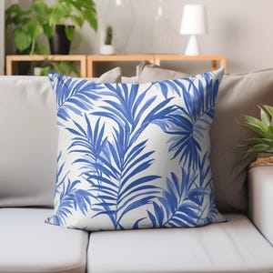 Toile Palm Fronds Throw Pillow Cover, Blue & White Home Decor, Decorative Cushion Cover, Tropical Accessories Pillowcase, Square Pillow Sham