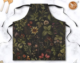 tablier foncé du milieu universitaire | Tablier vintage noir herbes d'apothicaire | Conception botanique lunatique | Décoration maximaliste éclectique | Cuisine gothique