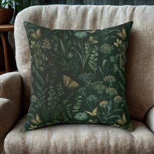 Moody Floral Throw Pillow Cover, Botanical Cushion, Dark Green Throw Pillow, Cottagecore Home Decor, Apothecary Pillow Case