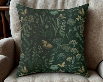 Moody Floral Throw Pillow Cover, Botanical Cushion, Dark Green Throw Pillow, Cottagecore Home Decor, Apothecary Pillow Case