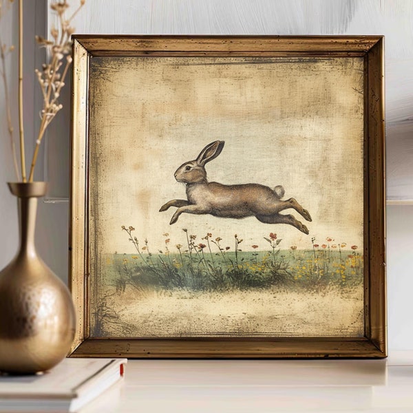 Vintage Leaping Bunny Print, Spring Easter Wall Decor, Rustic Rabbit Design, Cottagecore Vintage Farmhouse, Nostalgic Bunny Matte Wall Art