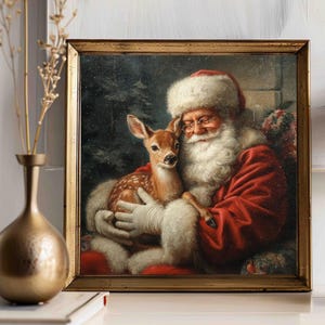 Vintage Santa Claus and Reindeer Print, Christmas Holiday Antique Wall Decor, Rustic Xmas Art, Winter Wonderland