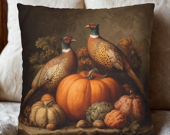 Federa per cuscino con fagiano e zucca vintage - Decorazione per baita con animali selvatici, cuscino decorativo autunnale, stile rustico da fattoria, decorazione con fagiano per divano