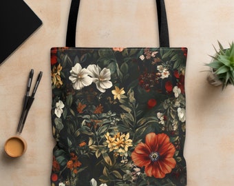 Dark Academia Cottagecore Tote Bag | Vintage Apothecary Herbs & Plants Design | Moody Botanical Black Bag | Eclectic Maximalist Style
