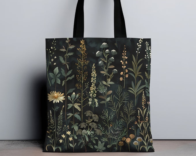 Dark Academia Cottagecore Black Tote Bag Vintage Apothecary Herbs & Plants Tote Bag Moody Botanical Eclectic Maximalist Bag