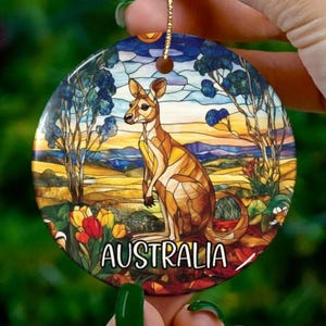 Custom Australia Ornament |Faux Stained Glass |Unique Kangaroo Souvenir |Vacation Travel Gift |Personalized Holiday |Christmas Decor