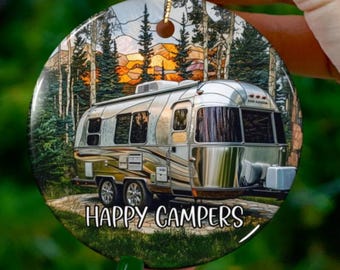 Aangepaste RV Happy Campers ornament | Namaak gebrandschilderd glas | Unieke camping souvenir | Gepersonaliseerde vakantie reiscadeau | Vakantie kerst