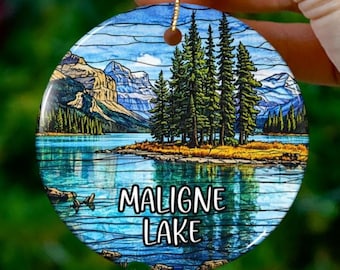 Custom Maligne Lake Canada Ornament | Faux Stained Glass | Unique Souvenir |Vacation Travel Gift |Personalized Holiday |Christmas Decor