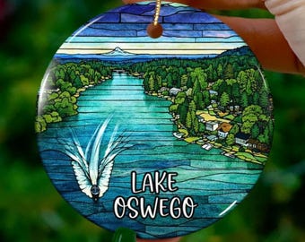 Custom Lake Oswego Oregon Ornament | Faux Stained Glass | Unique OR Souvenir |Vacation Travel Gift |Personalized Holiday |Christmas Decor