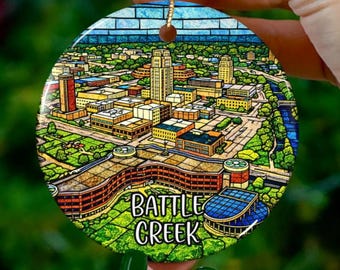 Custom Battle Creek Michigan Ornament | Faux Stained Glass | Unique MI Souvenir |Vacation Travel Gift |Personalized Holiday |Christmas Decor