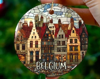 Anpassad Belgien-prydnad | Konstmålat glas | Unik Bryssel-souvenir | Semesterresepresent | Personlig julprydnad | Juldekoration