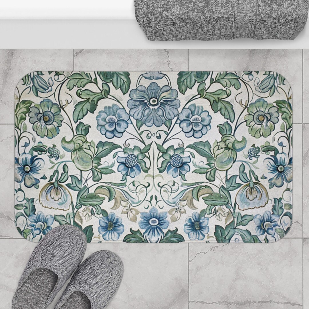 Boho Bath Mat William Morris Bath Mat Antique Floral Green and Blue ...