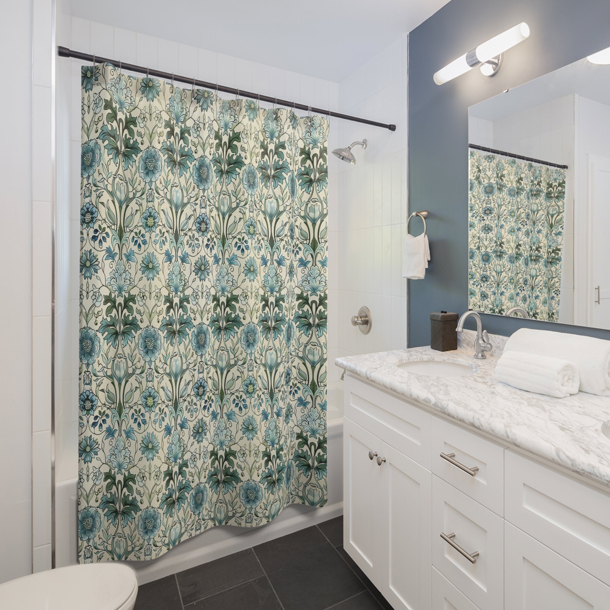 William Morris Inspired Shower Curtain | Blue Green Antique Floral ...