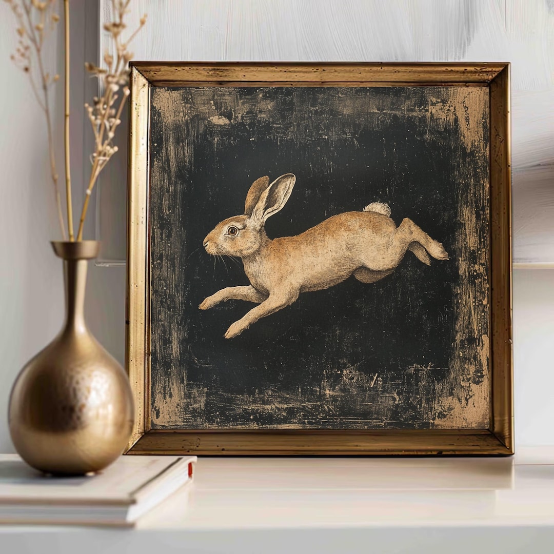 Rustic Print Rabbit Vintage Leaping Rabbit Wall Art Print, Dark Moody Farmhouse Decor ...