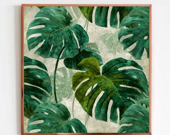 Vintage Monstera Leaf Art Print, Tropical Botanical Wall Decor, Rustic Jungle Leaf Painting, Antique Style Plant, Boho Houseplant Decor